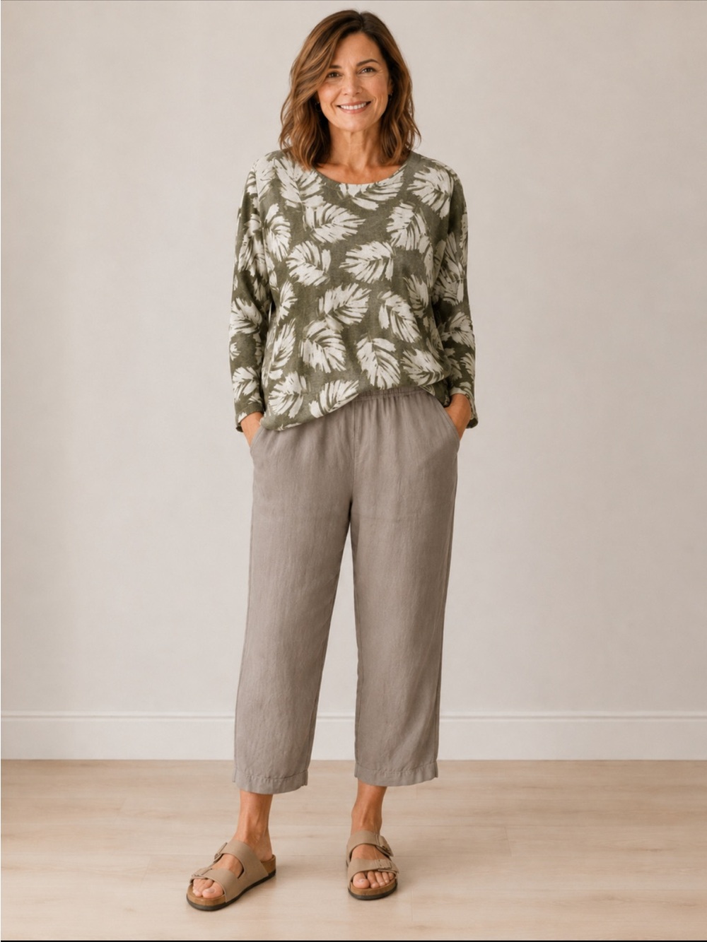 J. Jill linen SET Olive Leaf PrintTop and crop linen pants. Xl top L bottom